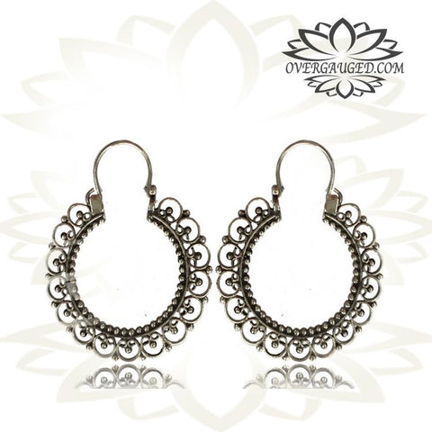 Pair Antiqued Tribal Silver Earrings - Tribal Afghan Silver Hoop Earrings, Dangling Silver Hoops, Tribal Silver Jewelry.
