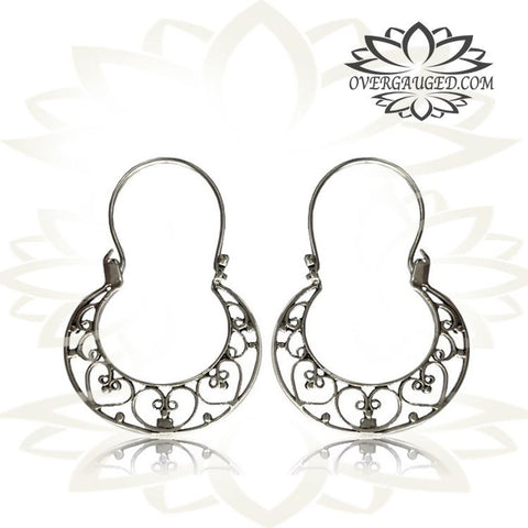 Pair Antiqued Tribal Silver Earrings - Tribal Afghan Silver Hoop Earrings, Dangling Silver Hoops, Tribal Silver Jewelry.