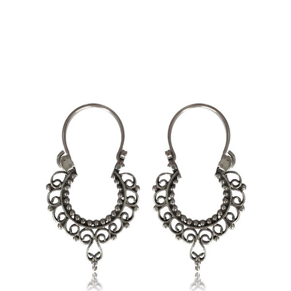 Pair Hanging Sterling Silver Earrings - Antiqued Thai Hill Tribe Silver Earrings, Dangle Hoop Earrings, Tribal Silver Jewelry.