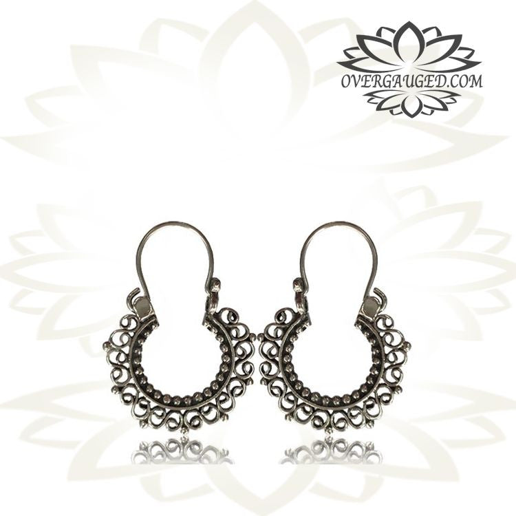 Pair Hanging Thai Hill Tribe Silver Earrings - Antiqued Tribal Silver Hoops, Thai Hill Tribe Jewelry, Body Jewelry.