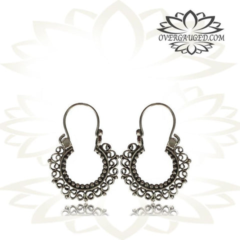 Pair Antiqued Tribal Silver Earrings - Tribal Afghan Silver Hoop Earrings, Dangling Silver Hoops, Tribal Silver Jewelry.