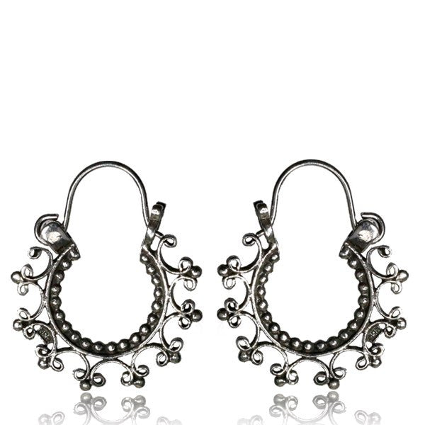 Pair Hanging Sterling Silver Hoop Earrings - Antiqued Tribal Silver Earrings, Hill Tribe Earrings, Silver Body Jewelry.