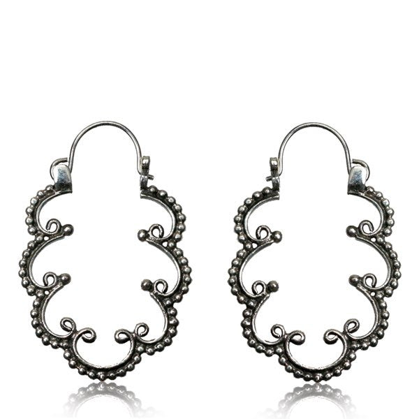 Pair Long Hanging Silver Earrings, Antiqued Afghan Tribal Silver Earrings, Dangling Hoop Earrings, Tribal Silver Jewelry.