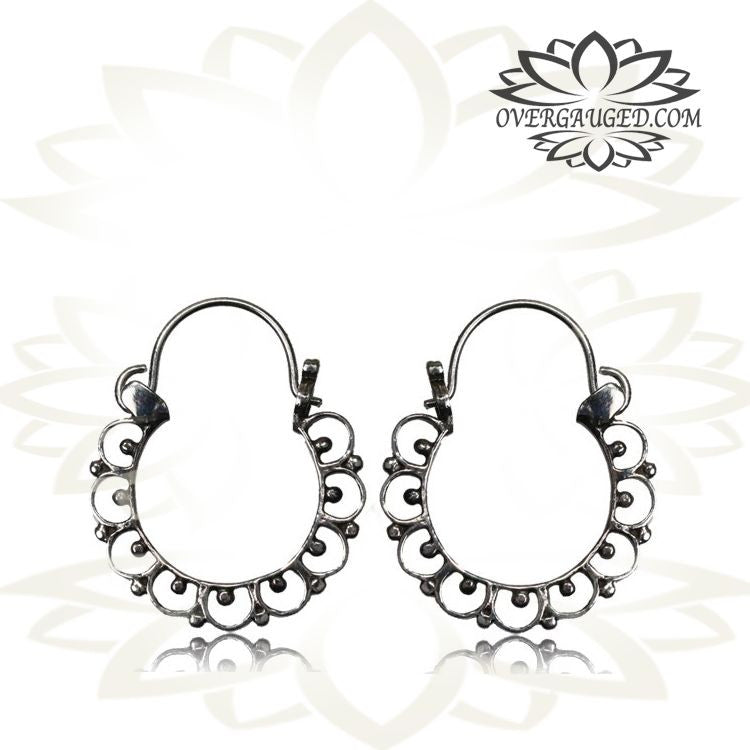 Pair Hanging Sterling Silver Earrings, Silver Hoop Earrings, Antiqued Thai Hill Tribe Silver, Sterling Silver Hoop Earrings, Tribal Dangling Hoops.