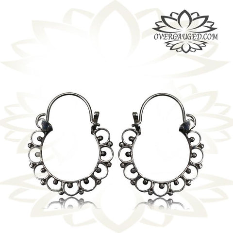 Pair Antiqued Tribal Silver Earrings - Tribal Afghan Silver Hoop Earrings, Dangling Silver Hoops, Tribal Silver Jewelry.