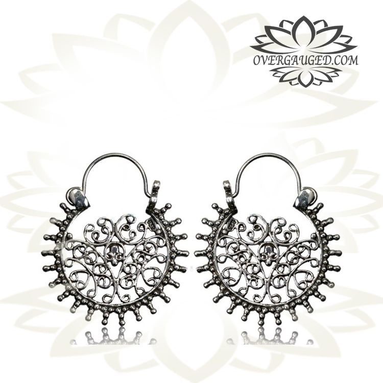 Pair Long Hanging Sterling Silver Earrings, Tribal Silver Hoops, Afghan Style Dangle Hoops, Sterling Silver Earrings.