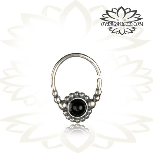 Pair Silver Ornate Hoop Earrings, Antiqued Thai Hill Tribe Earrings, Double Sided Onyx Stone Earrings, Silver Hoop Earrings.