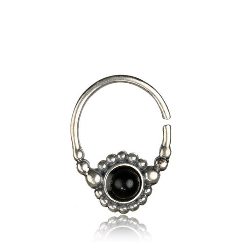 Pair Silver Ornate Hoop Earrings, Antiqued Thai Hill Tribe Earrings, Double Sided Onyx Stone Earrings, Silver Hoop Earrings.