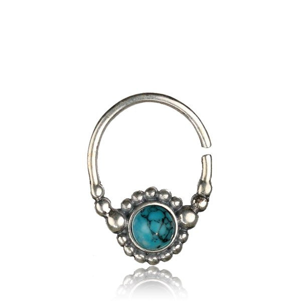 Pair Sterling Silver Earrings Hoop Earrings, Ornate Antiqued Thai Hill Tribe Silver Earrings, Thai Hill Tribe Silver Jewelry, Double Sided with Turquoise Stone Hoops.