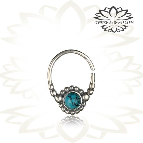 Pair Sterling Silver Earrings Hoop Earrings, Ornate Antiqued Thai Hill Tribe Silver Earrings, Thai Hill Tribe Silver Jewelry, Double Sided with Turquoise Stone Hoops.