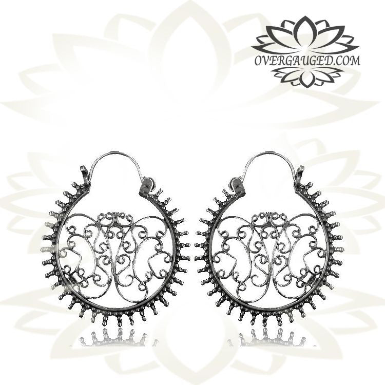 Pair Long Hanging Sterling Silver Earrings, Silver Hoop Earrings, Antiqued Tribal Silver Jewelry.