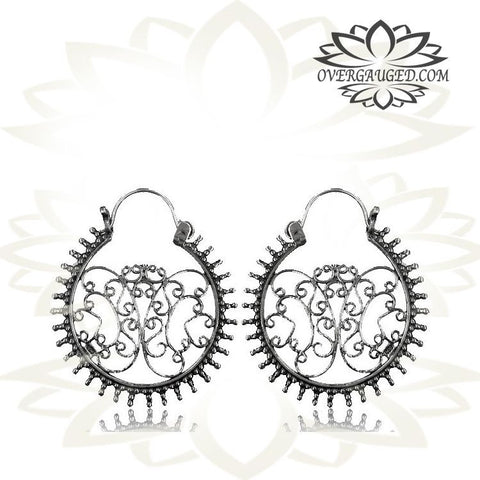 Pair Antiqued Tribal Silver Earrings - Tribal Afghan Silver Hoop Earrings, Dangling Silver Hoops, Tribal Silver Jewelry.