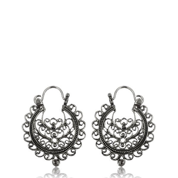 Pair Hanging Sterling Silver Earrings, Tribal Silver Hoop Earrings, Antiqued Tribal Silver Hoops, Thai Hill Tribe Silver Jewelry.