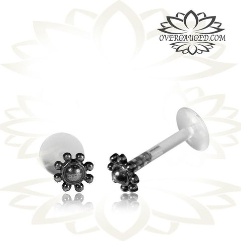 Single 16g (1.2mm) Silver Tragus, Antiqued Flower Labret, Tribal Earring or Madonna Piercing.