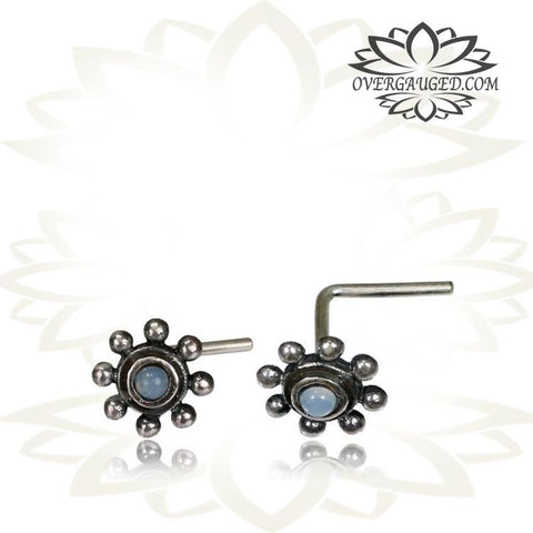 Single Tribal Silver Nose Stud, Nose Ring with Flower Deep Red Garnet inlay, 20g (.8mm) Nose Ring, L Shape Nose Pin, Tribal Silver Jewelry, Body Jewelry.