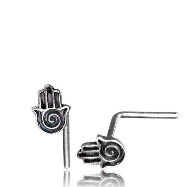 Single Silver Nose Stud,  Ornate Tribal Silver Nose Stud with Hamsa Hand, 20g Nose Ring (L Shape) Nose Pin, Tribal Silver Jewelry.