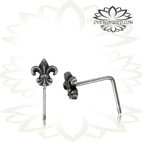 Single Tribal Silver Nose Stud, Nose Ring with Flower Deep Red Garnet inlay, 20g (.8mm) Nose Ring, L Shape Nose Pin, Tribal Silver Jewelry, Body Jewelry.