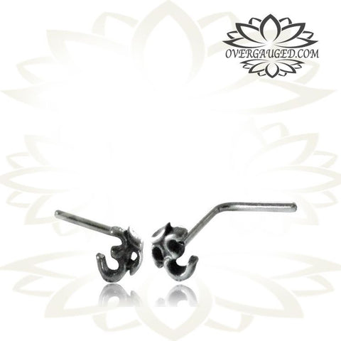 Single Tribal Silver Nose Stud, Nose Ring with Flower Deep Red Garnet inlay, 20g (.8mm) Nose Ring, L Shape Nose Pin, Tribal Silver Jewelry, Body Jewelry.