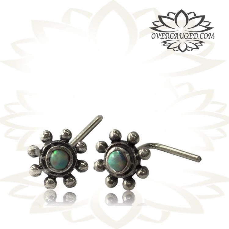 Single Silver Nose Stud, Ornate Tribal Flower, Nose Stud Opal Inlay, 20g Nose Ring L Shape Nose Pin, Tribal Nose Jewelry.