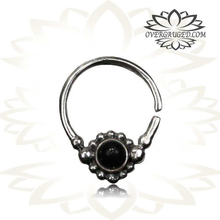 Single 16g Silver Septum Ring With Onyx Stone - Antiqued Tribal Silver Septum Ring 9mm Body Jewelry.