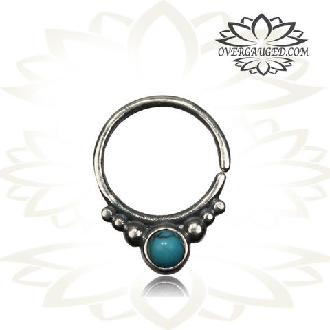 Single Silver Lotus Septum Ring (Fake Style) Antiqued Cheater Tribal Silver Lotus Septum Ring, Tribal Body Jewelry.