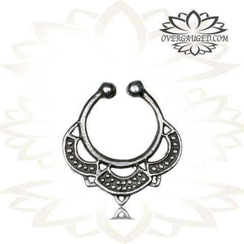 Single Silver Lotus Septum Ring (Fake Style) Antiqued Cheater Tribal Silver Lotus Septum Ring, Tribal Body Jewelry.