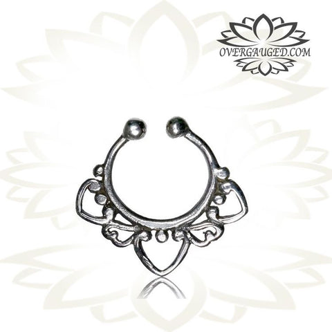 Single Silver Lotus Septum Ring (Fake Style) Antiqued Cheater Tribal Silver Lotus Septum Ring, Tribal Body Jewelry.