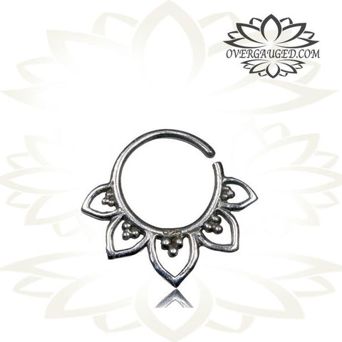 Single Silver Lotus Septum Ring (Fake Style) Antiqued Cheater Tribal Silver Lotus Septum Ring, Tribal Body Jewelry.