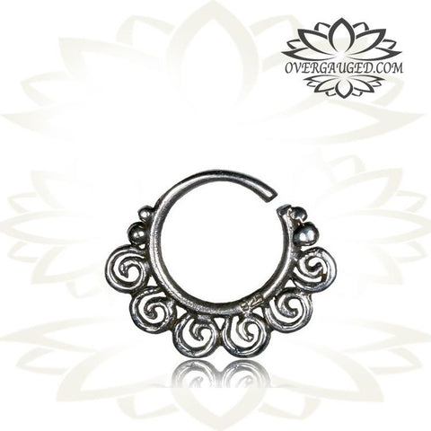 Single Silver Lotus Septum Ring (Fake Style) Antiqued Cheater Tribal Silver Lotus Septum Ring, Tribal Body Jewelry.