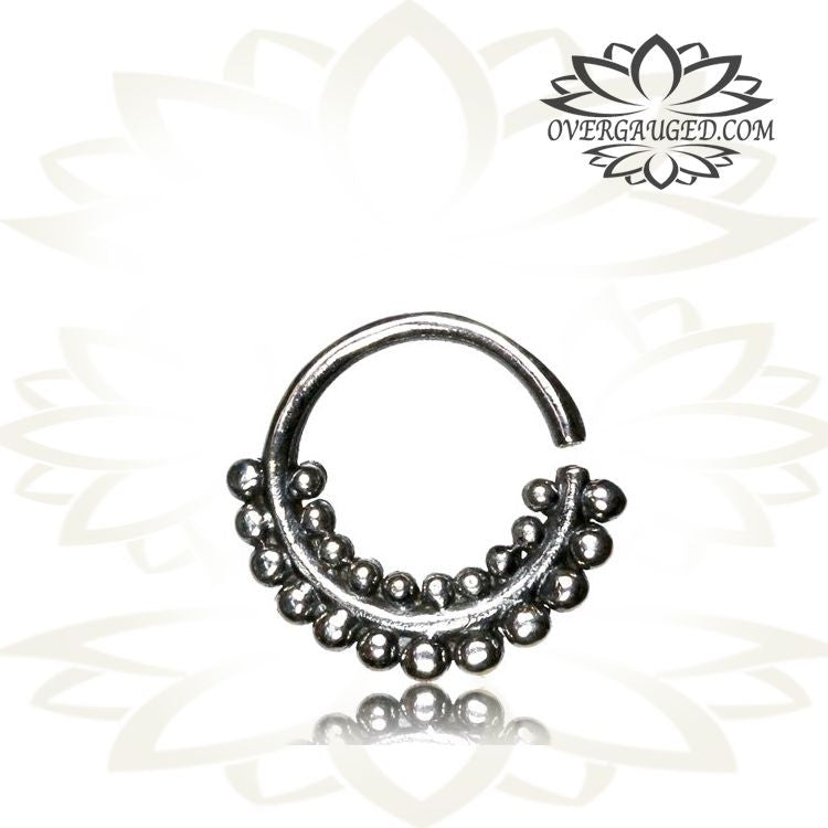 Single 16g Silver Septum Ring - Antiqued Afghan Tribal Dots Silver Septum Ring 8mm, Silver Piercing.