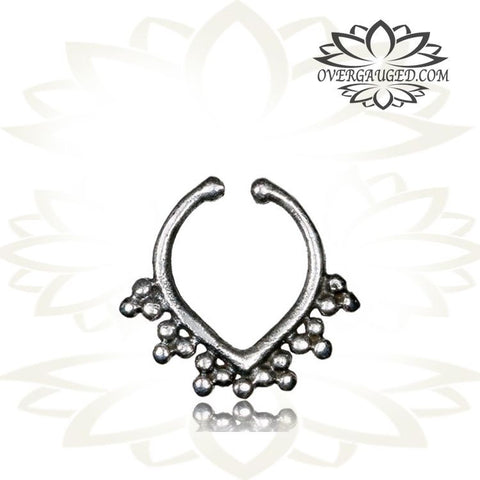 Single Silver Lotus Septum Ring (Fake Style) Antiqued Cheater Tribal Silver Lotus Septum Ring, Tribal Body Jewelry.