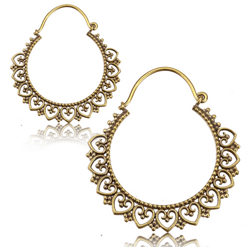 Pair of Brass Earrings Ornate Antiqued Love Heart Hoops, double sided.
