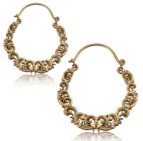 Pair of Brass Earrings, Antiqued Tribal Brass Hoop Earrings Double Sided Brass Jewelry.