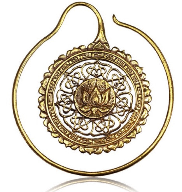 Pair of Ornate Brass Earrings in 14g Lotus Flower Hoops, Large Diameter, Double Sided Design.