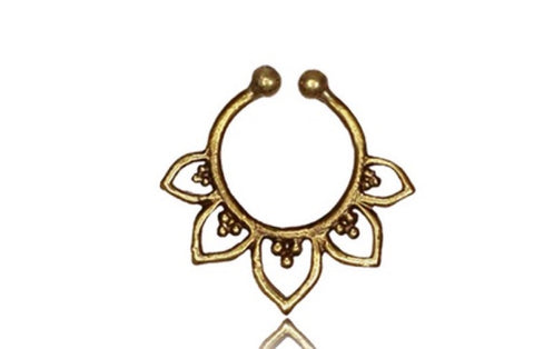 Single Brass Fake Septum Nose Ring, Antiqued Tribal With Pink Agate Stone, Non-Nose Piercing, Ring Diameter 9mm.