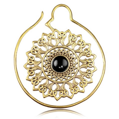 Pair 16g (1.2mm) Ornate Brass Earrings Antiqued Brass Mandala Flower Bloom W/ Onyx Expander, Double Sided, Brass Body Jewelry.