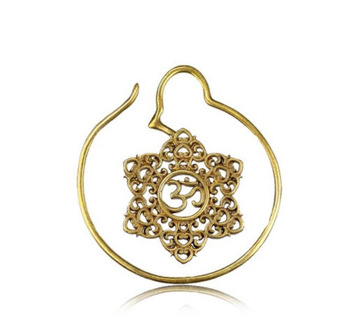 Pair 16g (1.2mm) Ornate Brass Earrings Antiqued Om Symbol Brass Piercing, Brass Body Jewelry.