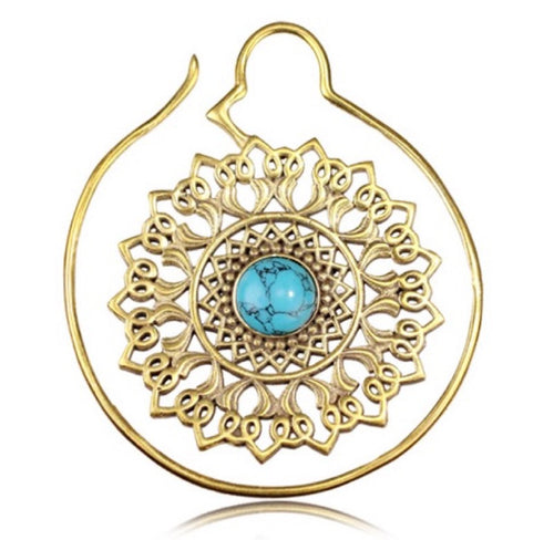 Pair 16g (1.2mm) Ornate Brass Earrings Antiqued Brass Mandala Flower with Turquoise Stone, Double Sided, Brass Body Jewelry.