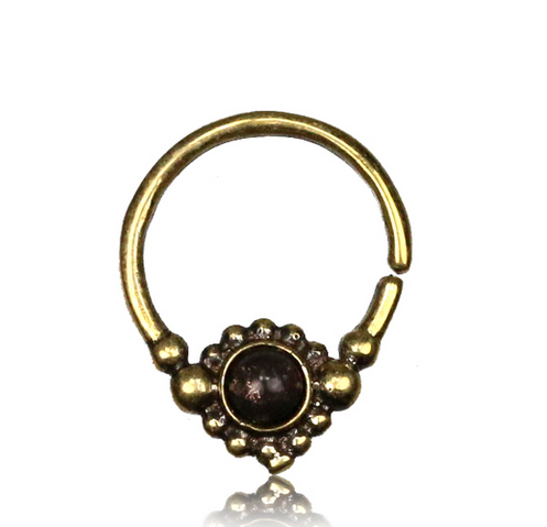 Single Brass Septum Ring in 16g (1.2mm), Antiqued Tribal Brass Septum, Amethyst Stone Inlay, Brass Nose Piercing, Brass Body Jewelry, Ring 9mm.