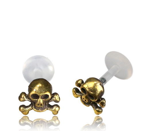 Single 16g Brass Skull Labret, Brass Tragus Antiqued Tribal Ear Stud, Helix Earring, Madonna Lip Piercing, Tribal Brass Body Jewelry.