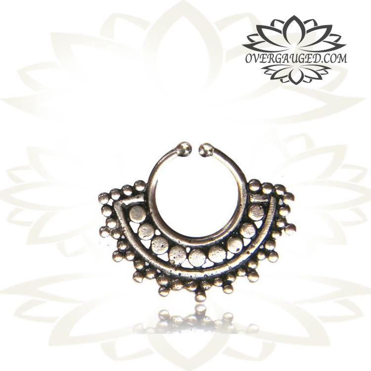 Single Ornate 16g Antiqued Thai Hill Tribal White Brass Fake Septum, White Brass Septum Ring Non Piercing, Tribal Body Jewelry.