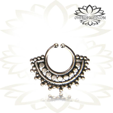 Single Silver Lotus Septum Ring (Fake Style) Antiqued Cheater Tribal Silver Lotus Septum Ring, Tribal Body Jewelry.