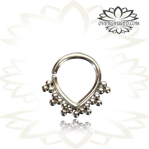 Single Ornate White Brass Septum Ring in 16g (1.2mm) Antiqued Tribal White Brass Septum Ring with Inlayed Mother of Pearl Shell.