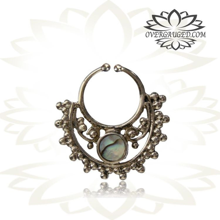 Single Tribal White Brass Faux Septum Inlay Abalone Shell, Non Piercing Septum Ring, Fake Brass Septum Ring, Ring 9mm.