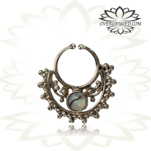 Single Tribal White Brass Faux Septum Inlay Abalone Shell, Non Piercing Septum Ring, Fake Brass Septum Ring, Ring 9mm.