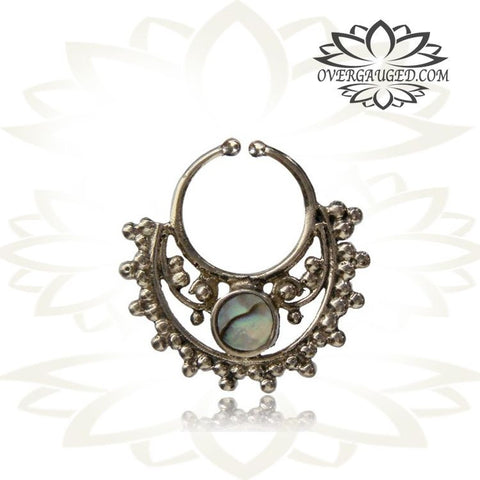 Single Silver Lotus Septum Ring (Fake Style) Antiqued Cheater Tribal Silver Lotus Septum Ring, Tribal Body Jewelry.