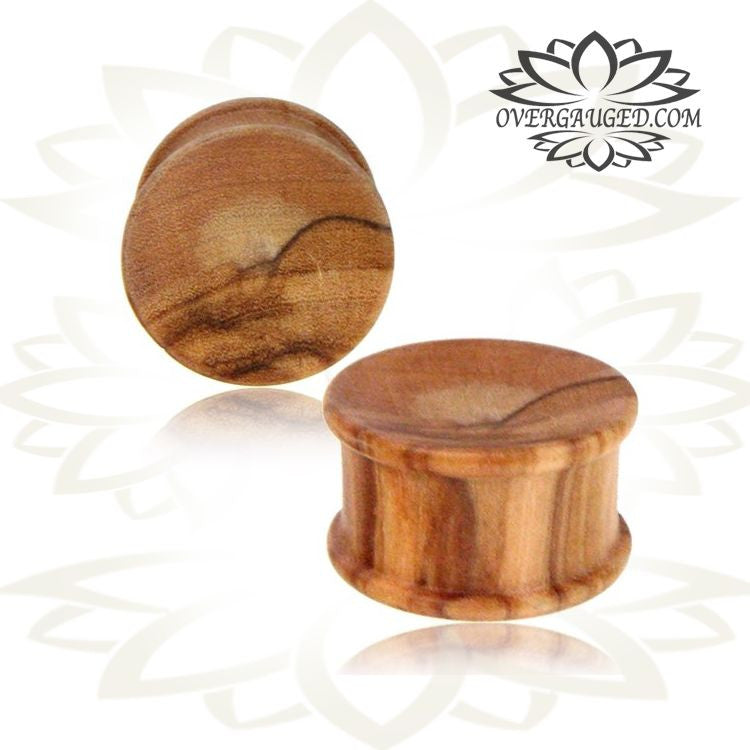 Pair of Organic Wood Plugs, Olive Wood Plugs, Concave Wood Plugs, Hand Turned Wood Gauges, Italian Olive Wood Plugs.