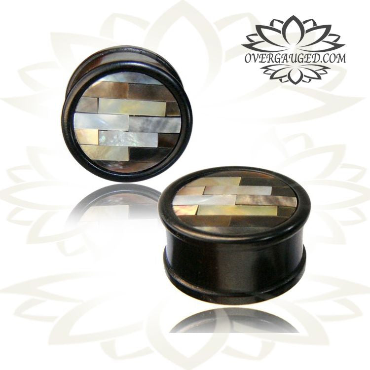 Pair of Ebony Wood Plugs inlay Shell Mosaic, Double Flare Ear Plugs, Organic Wood Plugs, Organic Body Jewelry.
