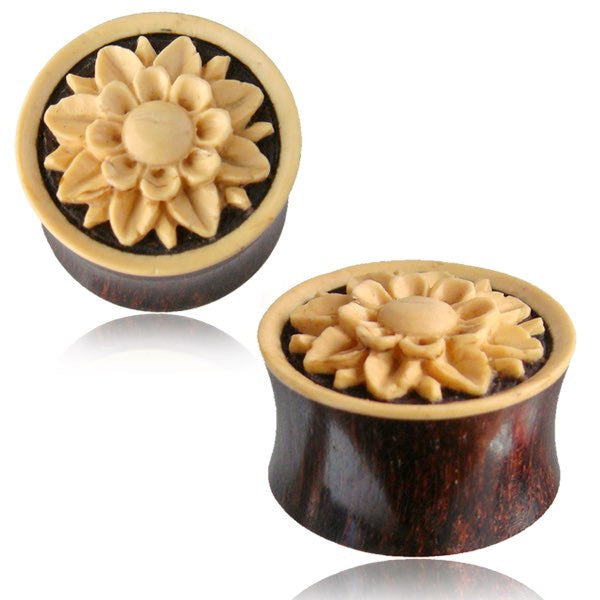 Pair of Hand Carved Tamarind Wood Plugs, Carved Coco Shell Flower Plugs, Organic Wood Plugs, Organic Gauges.