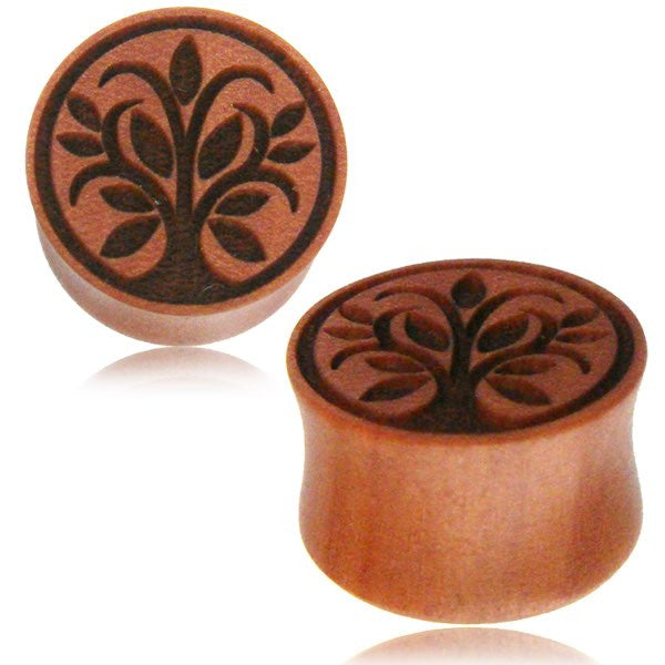 Pair of Organic Wood Gauge Plugs, Organic Wood Earrings, Wood Plugs, Sawo Wood Engraved Tree of Life Wood Plugs, Organic Body Jewelry.